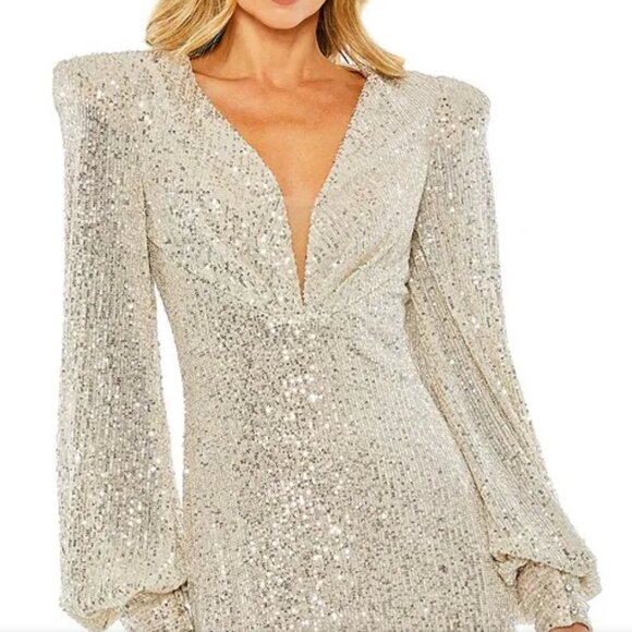 Mac Douggal Deep V Bishop Sleeve Sequin Gown Silver